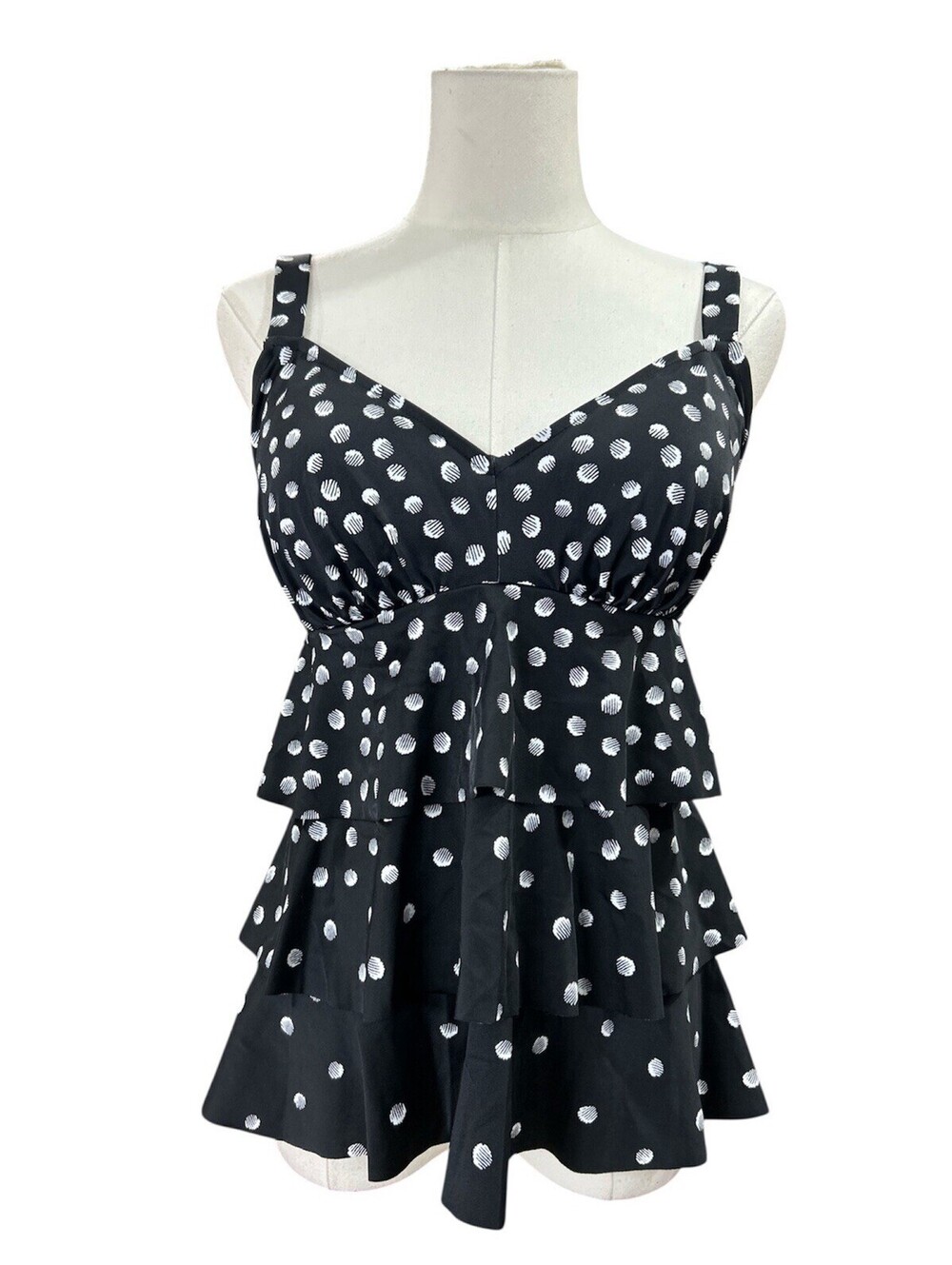 Swim Solutions Women’s Tankini Top 12 Galactica Dot Print Tiered Black/White